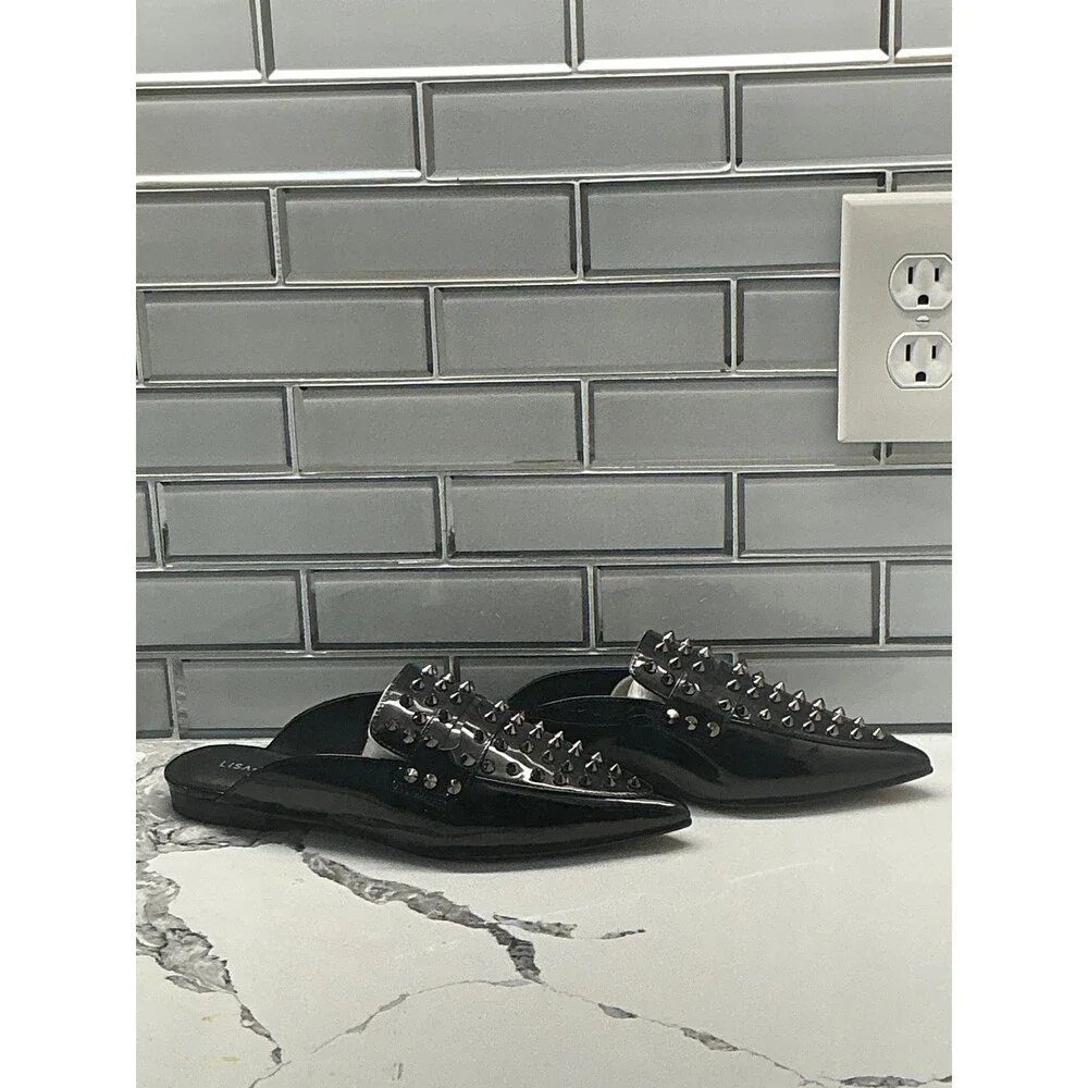 Lisa Vicky MOJO-V Black Patent PU Studded Pointed Toe Mules Women's Size 7‎ M